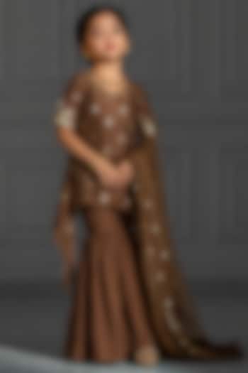 Chocolate Brown Satin Silk Flared Sharara Set For Girls by Mei & Zu at Pernia's Pop Up Shop
