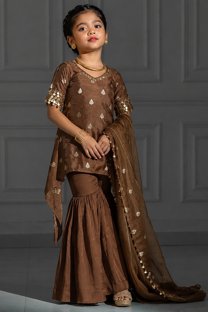 Chocolate Brown Satin Silk Flared Sharara Set For Girls by Mei & Zu at Pernia's Pop Up Shop