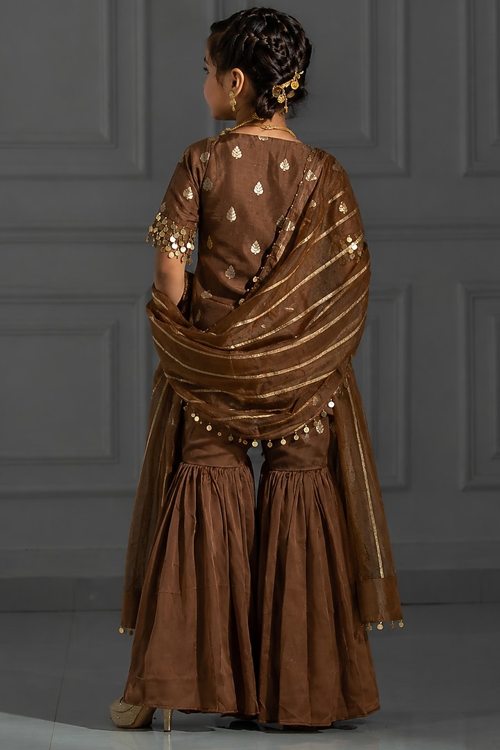 Chocolate Brown Satin Silk Flared Sharara Set For Girls by Mei & Zu at Pernia's Pop Up Shop