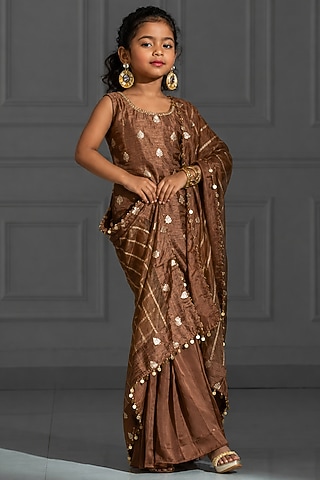 Chocolate Brown Satin Silk Flared Sharara Set For Girls by Mei & Zu