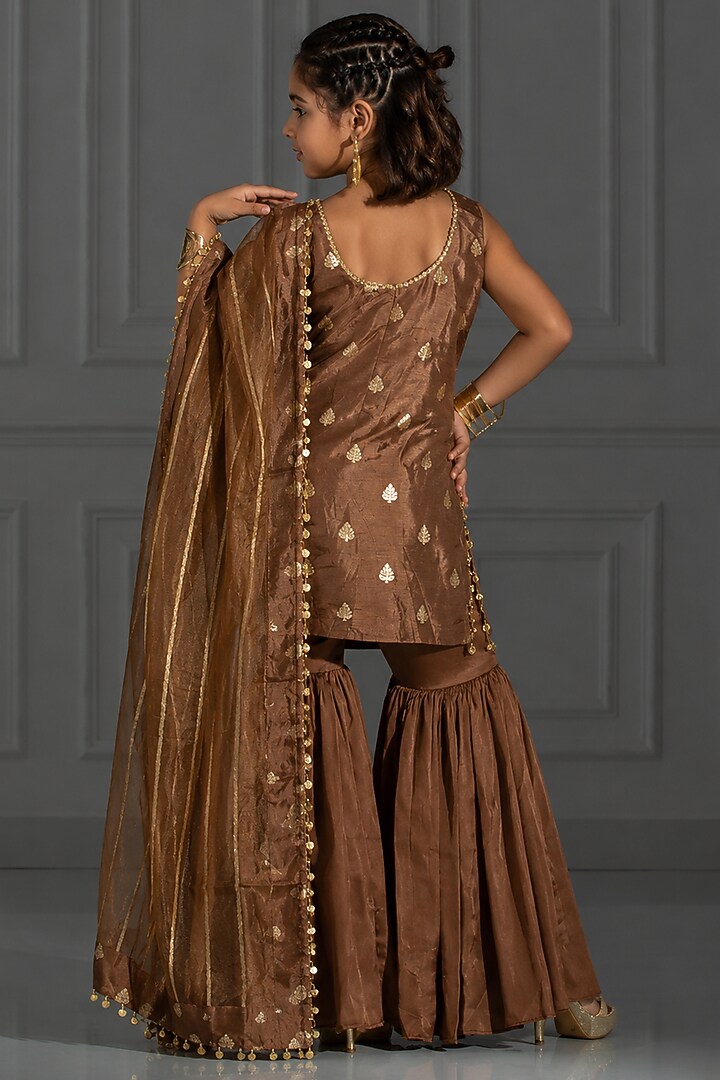 Chocolate Brown Satin Silk Flared Sharara Set For Girls by Mei & Zu at Pernia's Pop Up Shop