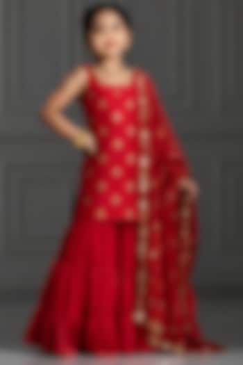 Rose Red Satin Silk Flared Sharara Set For Girls by Mei & Zu at Pernia's Pop Up Shop