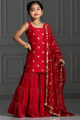 Rose Red Satin Silk Flared Sharara Set For Girls by Mei & Zu