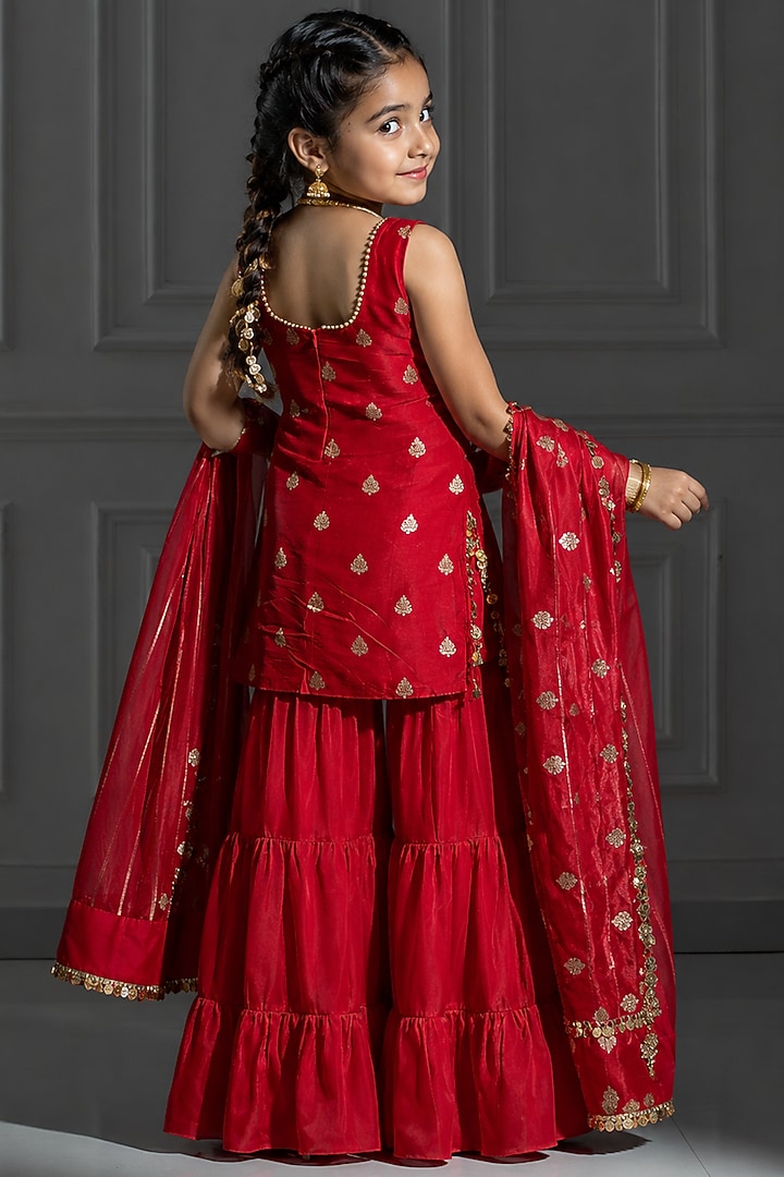 Rose Red Satin Silk Flared Sharara Set For Girls by Mei & Zu at Pernia's Pop Up Shop