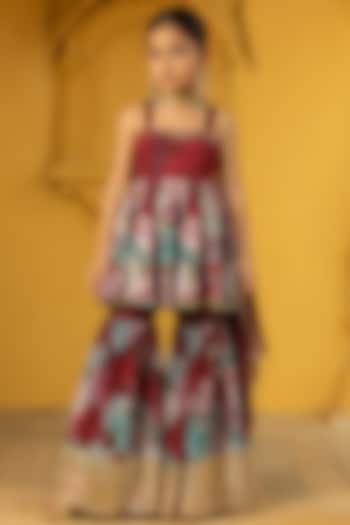 Maroon Georgette Floral Printed & Foil Work Sharara Set For Girls by Mei & Zu at Pernia's Pop Up Shop