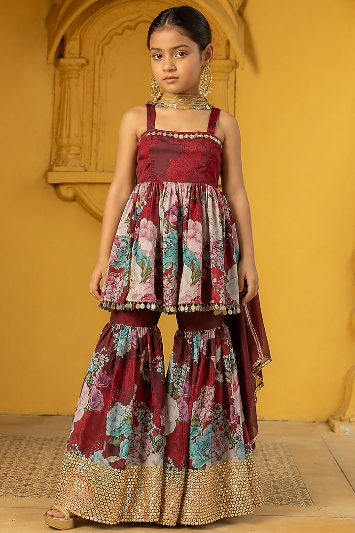 Maroon Georgette Floral Printed & Foil Work Sharara Set For Girls by Mei & Zu at Pernia's Pop Up Shop