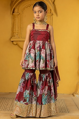 Maroon Georgette Floral Printed & Foil Work Sharara Set For Girls by Mei & Zu