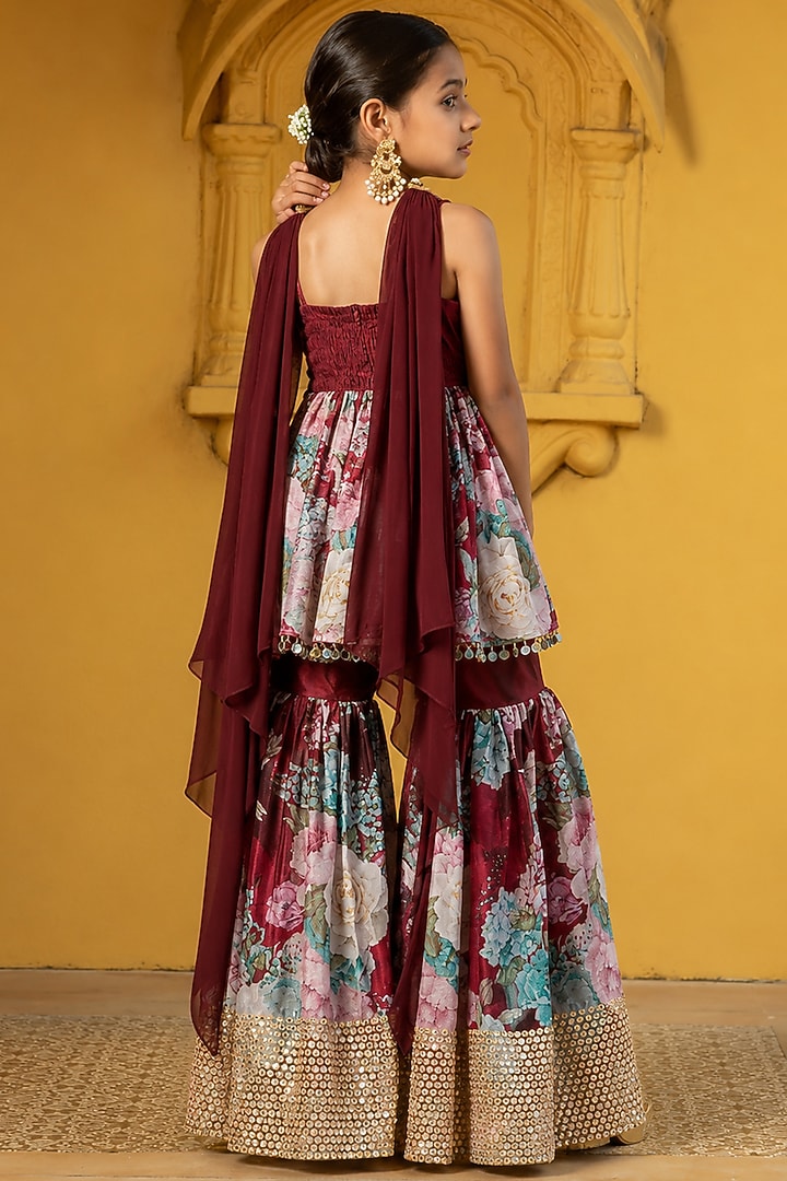 Maroon Georgette Floral Printed & Foil Work Sharara Set For Girls by Mei & Zu at Pernia's Pop Up Shop