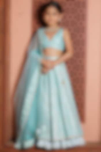 Powder Blue Silk Brocade & Organza Layered Lehenga Set For Girls by Mei & Zu at Pernia's Pop Up Shop