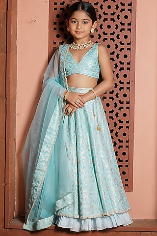 Powder Blue Silk Brocade & Organza Layered Lehenga Set For Girls by Mei & Zu