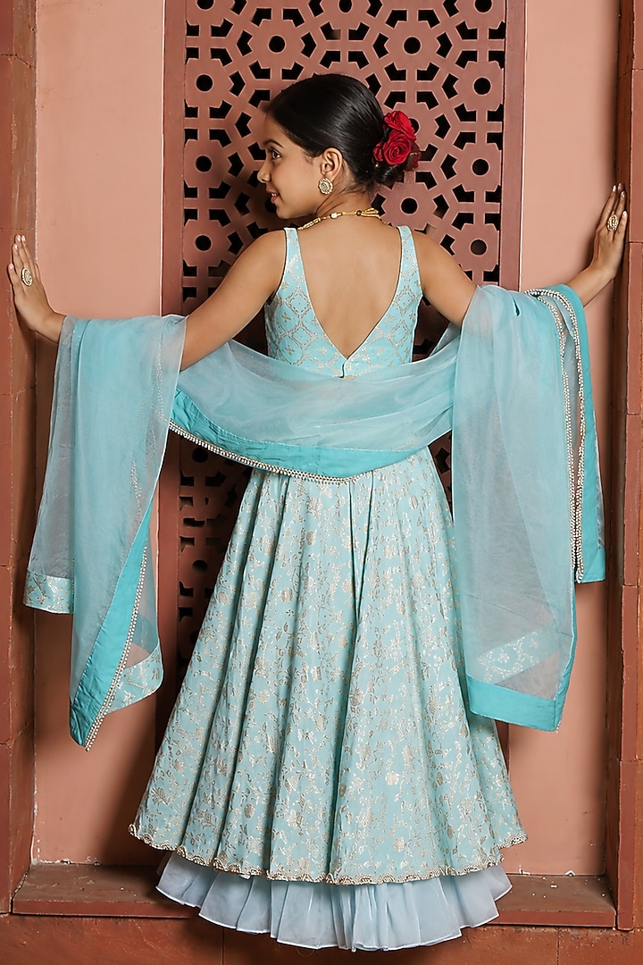 Powder Blue Silk Brocade & Organza Layered Lehenga Set For Girls by Mei & Zu at Pernia's Pop Up Shop