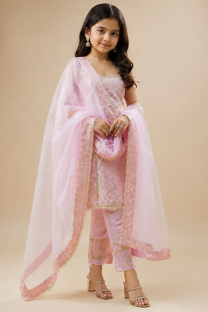 Blush Pink Brocade Lace Kurta Set For Girls by Mei & Zu at Pernia's Pop Up Shop