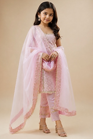 Blush Pink Brocade Lace Kurta Set For Girls by Mei & Zu