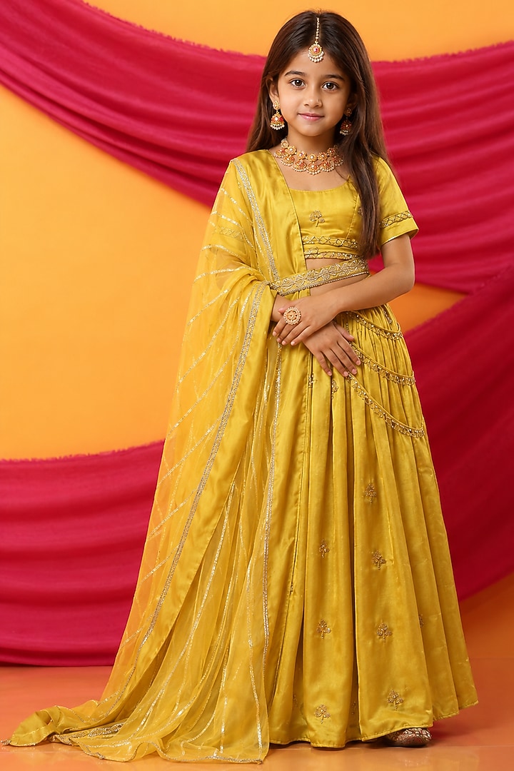 Canary Yellow Silk Blend Hand Embroidered Lehenga Set For Girls by Mei & Zu at Pernia's Pop Up Shop