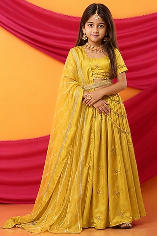 Canary Yellow Silk Blend Hand Embroidered Lehenga Set For Girls by Mei & Zu