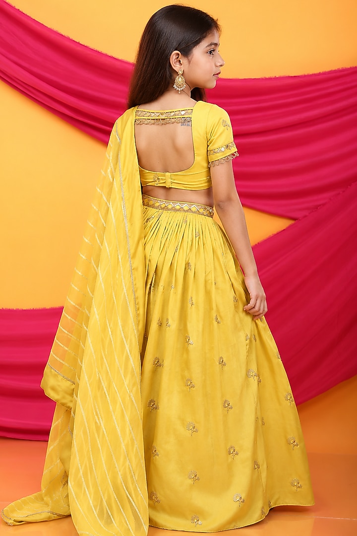 Canary Yellow Silk Blend Hand Embroidered Lehenga Set For Girls by Mei & Zu at Pernia's Pop Up Shop