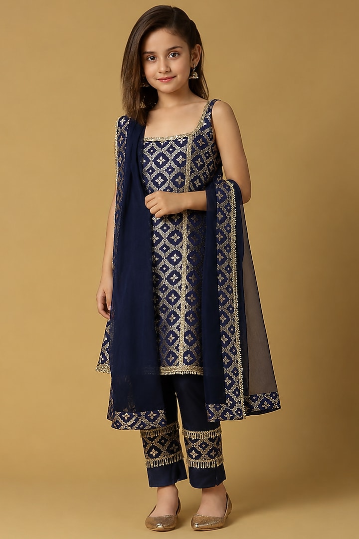 Deep Blue Brocade Kurta Set For Girls by Mei & Zu at Pernia's Pop Up Shop