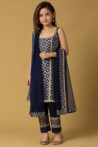 Deep Blue Brocade Kurta Set For Girls by Mei & Zu