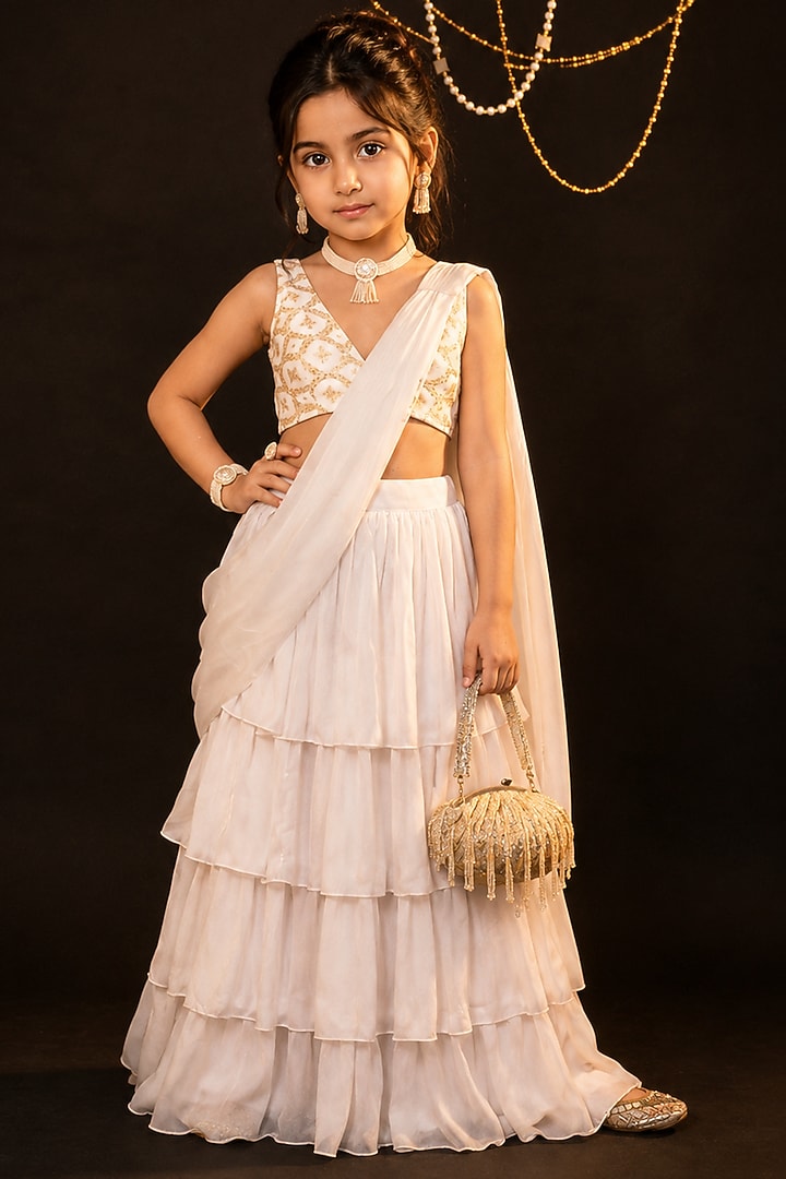White Satin Ruffled Skirt Set For Girls by Mei & Zu at Pernia's Pop Up Shop