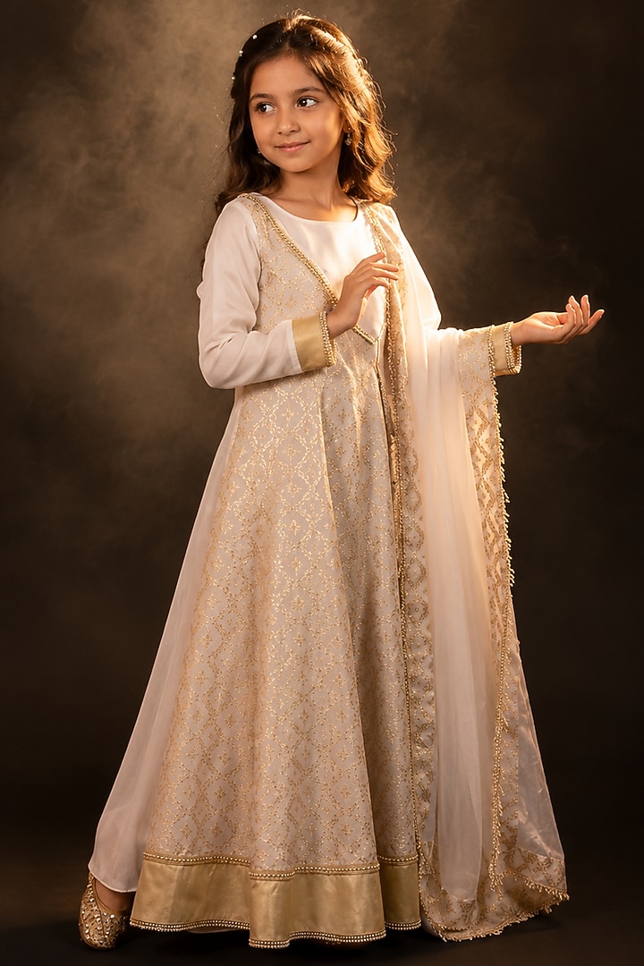 White Brocade & Satin Silk Blend Angrakha Anarkali Set For Girls by Mei & Zu at Pernia's Pop Up Shop