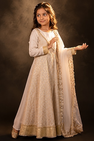 White Brocade & Satin Silk Blend Angrakha Anarkali Set For Girls by Mei & Zu