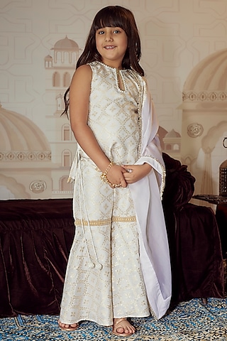 Gold Brocade Sharara Set For Girls by Mei & Zu