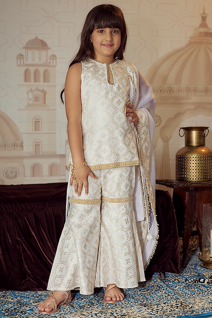 Gold Brocade Sharara Set For Girls by Mei & Zu at Pernia's Pop Up Shop