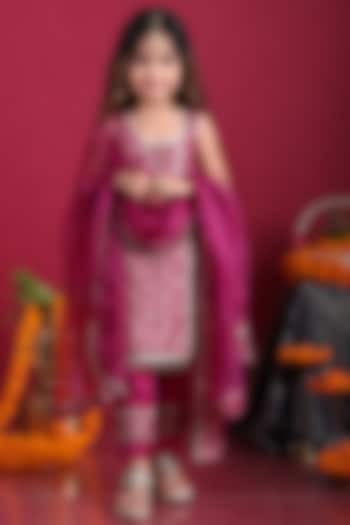 Plum Purple Brocade Printed Kurta Set For Girls by Mei & Zu at Pernia's Pop Up Shop