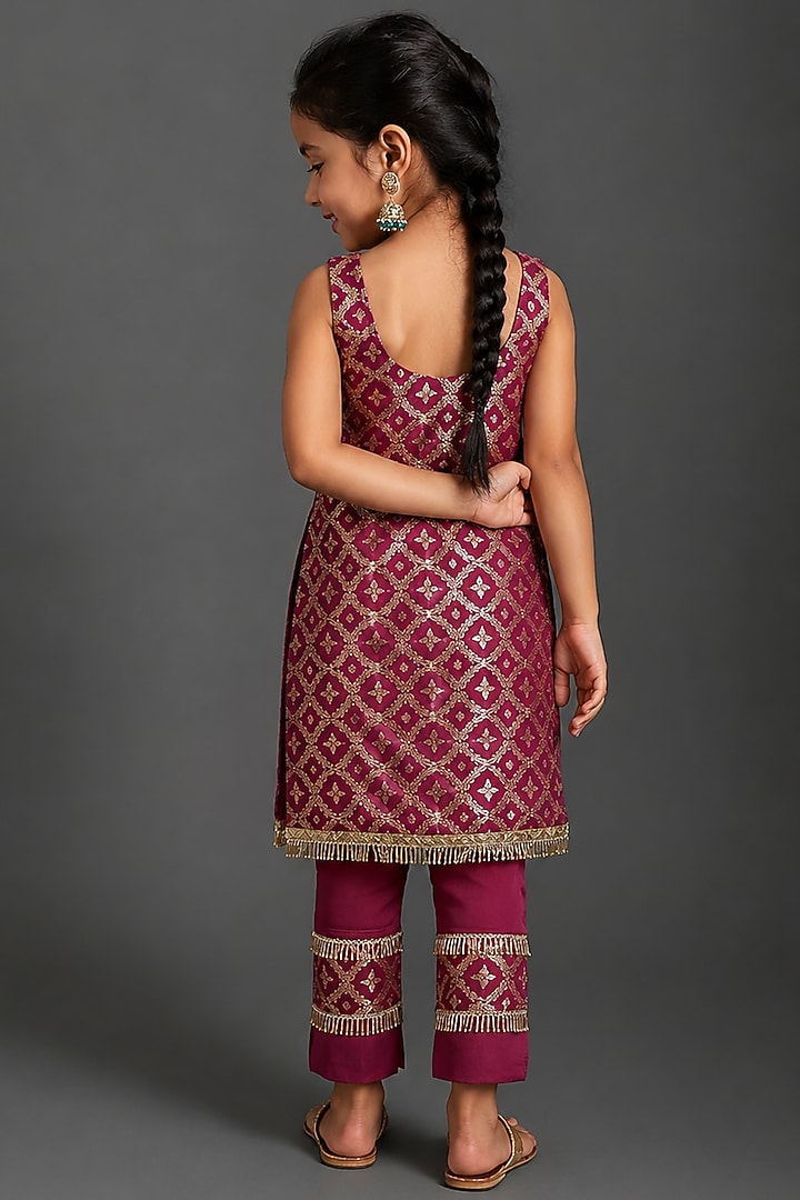 Plum Purple Brocade Printed Kurta Set For Girls by Mei & Zu at Pernia's Pop Up Shop