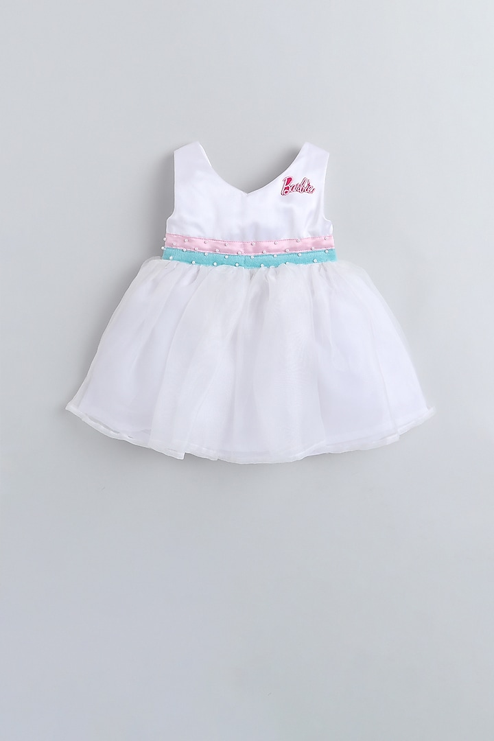 White Satin Pearl Embroidered Dress For Girls by Many Frocks by SDS