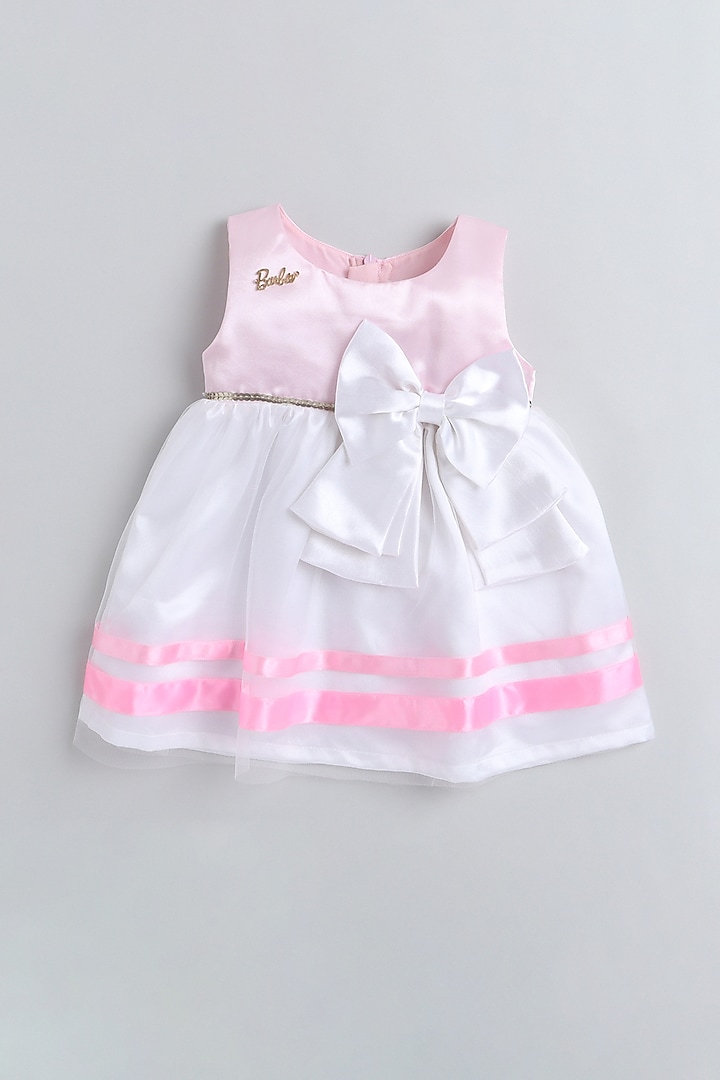 White & Pink Satin Embroidered Dress For Girls by Many Frocks by SDS