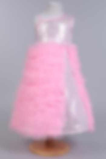 Pink Satin & Net Ruffled Gown For Girls by Many Frocks by SDS