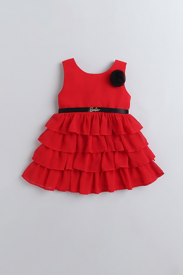 Red Georgette Ruffled Dress For Girls by Many Frocks by SDS