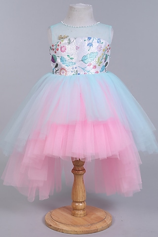 Pink & Blue Net Embroidered High-Low Dress For Girls by Many Frocks by SDS