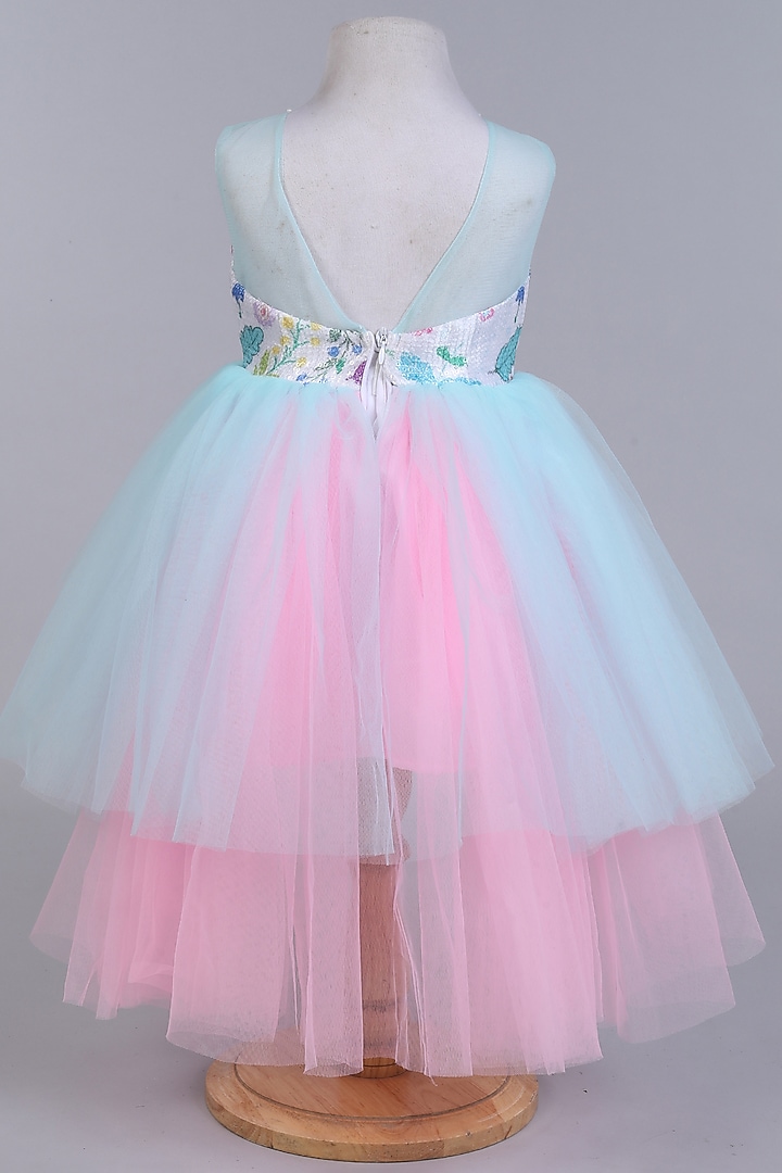 Pink & Blue Net Embroidered High-Low Dress For Girls by Many Frocks by SDS at Pernia's Pop Up Shop