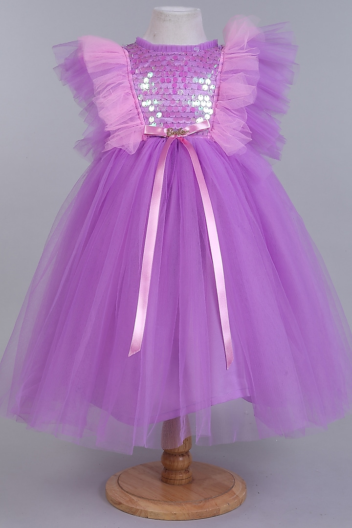 Purple Net Ruffled Gown For Girls by Many Frocks by SDS