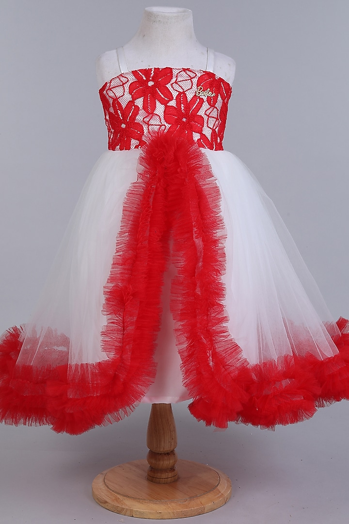 White & Red Floral Embellished Gown For Girls by Many Frocks by SDS