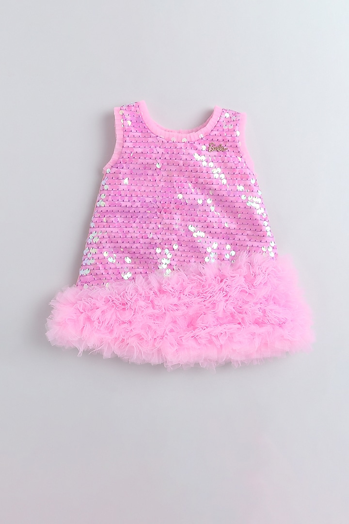 Pink Satin & Net Embellished Dress For Girls by Many Frocks by SDS