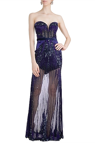 Blue Embellished Gown by Gavin Miguel