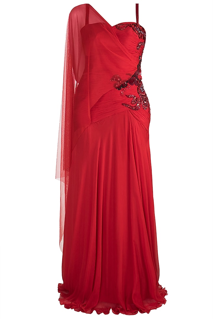 Red Embellished Gown With Drape by Gavin Miguel