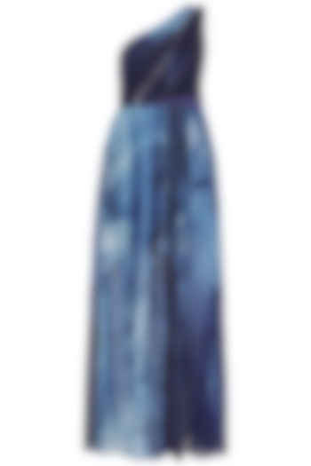 Blue Printed One Shoulder Gown by Gavin Miguel