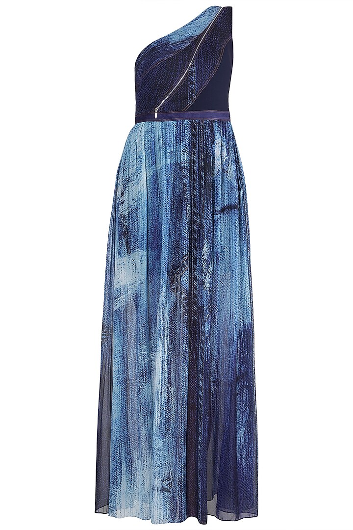 Blue Printed One Shoulder Gown by Gavin Miguel