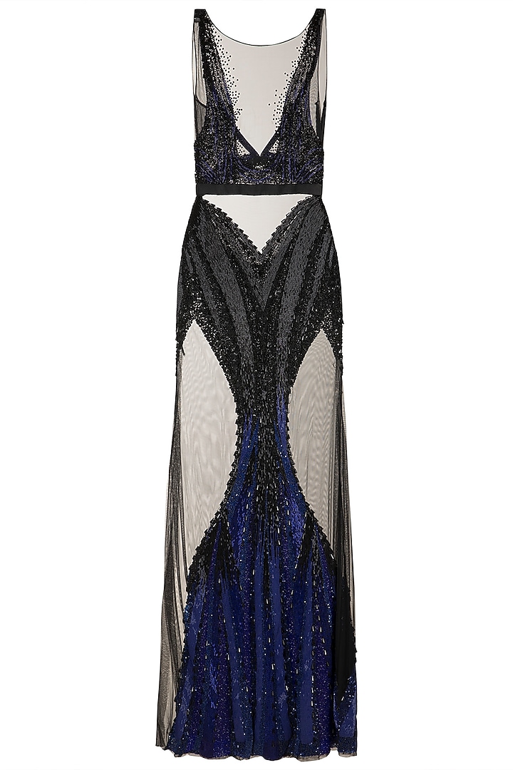 Black & Blue Embellished Gown by Gavin Miguel