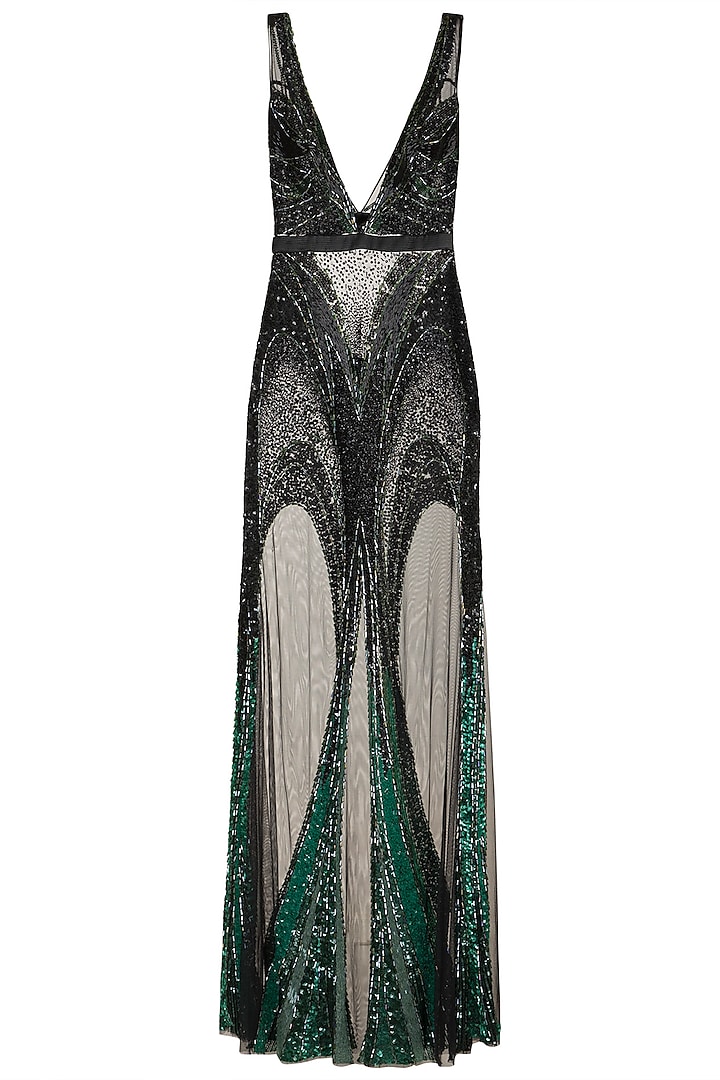 Black & Green Embellished Gown by Gavin Miguel
