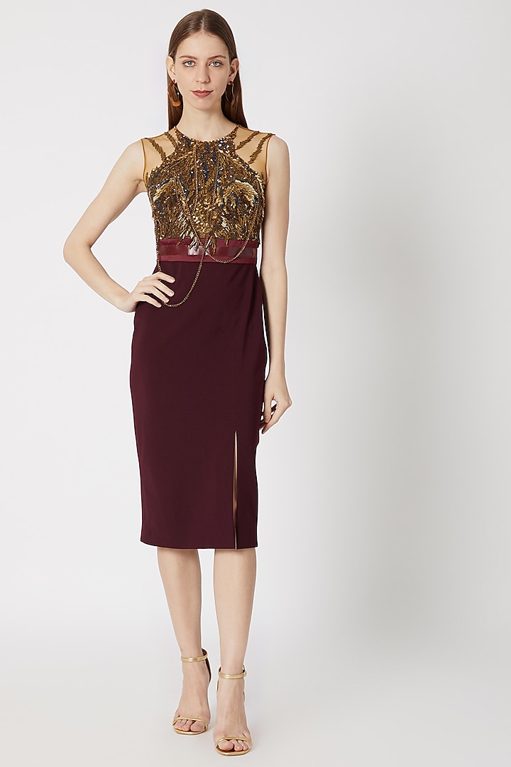 Wine Sequins Embroidered Dress by Gavin Miguel