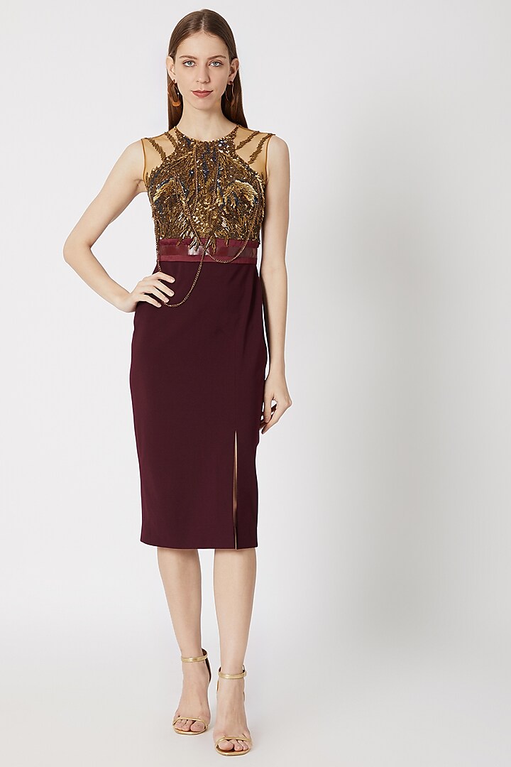 Wine Sequins Embroidered Dress by Gavin Miguel