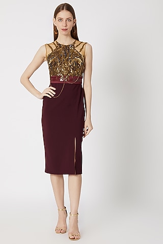 Wine Sequins Embroidered Dress by Gavin Miguel