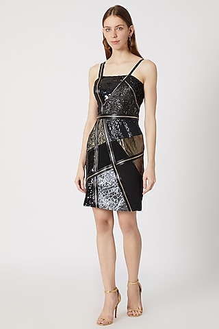 Black Cocktail Dress With Patch Detailing by Gavin Miguel