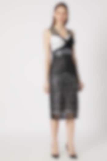 Black Leather Detailing Dress With Ruching by Gavin Miguel