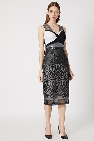 Black Leather Detailing Dress With Ruching by Gavin Miguel